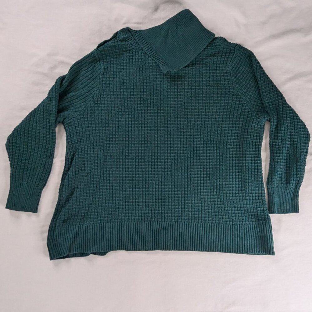 Woman Within Green Chunky Knit Foldover Collar Detailed Button Sweater - Picture 2 of 6